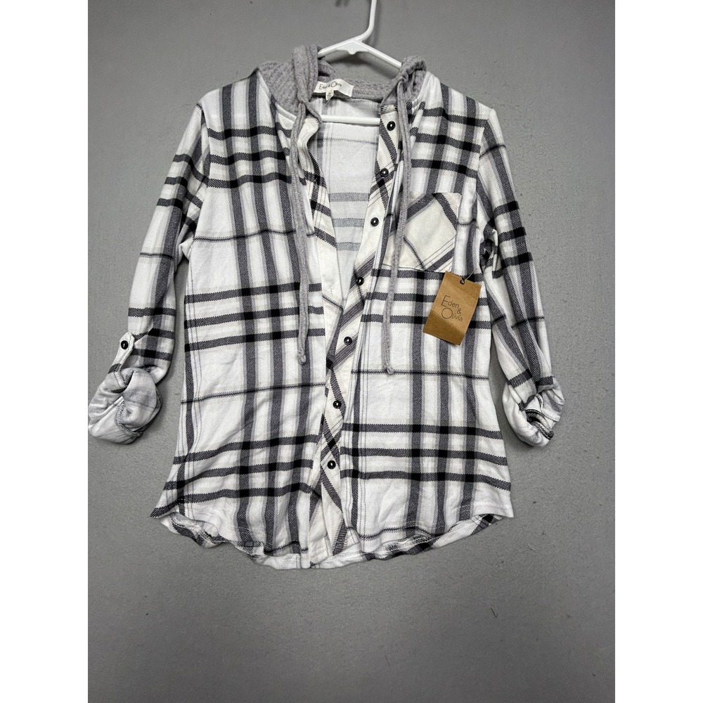 Eden & Olivia Hooded Shirt Polyester Spandex White Black Plaid Medium Womens